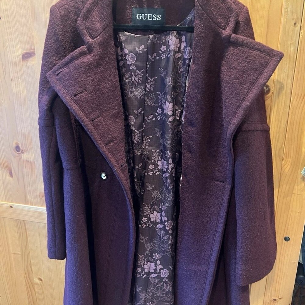 Guess Y2K Belted Pea Coat Womens XL Maroon Burgundy Silver Buttons - Picture 3 of 10